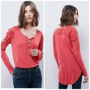 FREE PEOPLE Jennie Red Tee Embroidered Tunic Top Laceup Cutout Large